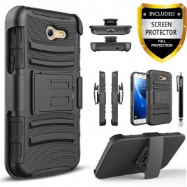 Samsung Galaxy J3 Emerge, Galaxy J3 Prime Case, Dual Layers [Combo Holster] Case And Built-In Kickstand Bundled with [Premium Screen Protector] Hybird Shockproof And Circlemalls Stylus Pen (Black)